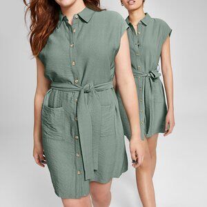 And Now This Women's Short-Sleeve Belted Shirtdress  -Olive